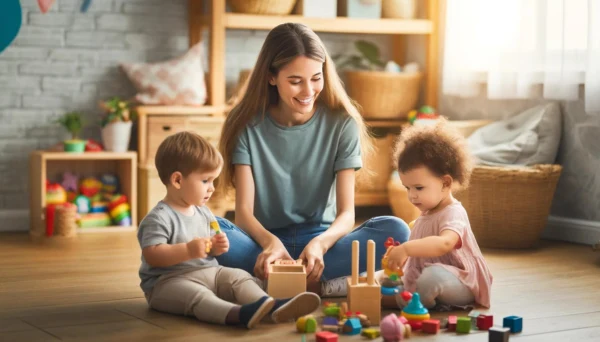 Girl sitting on the floor playing with two small children with wooden set
